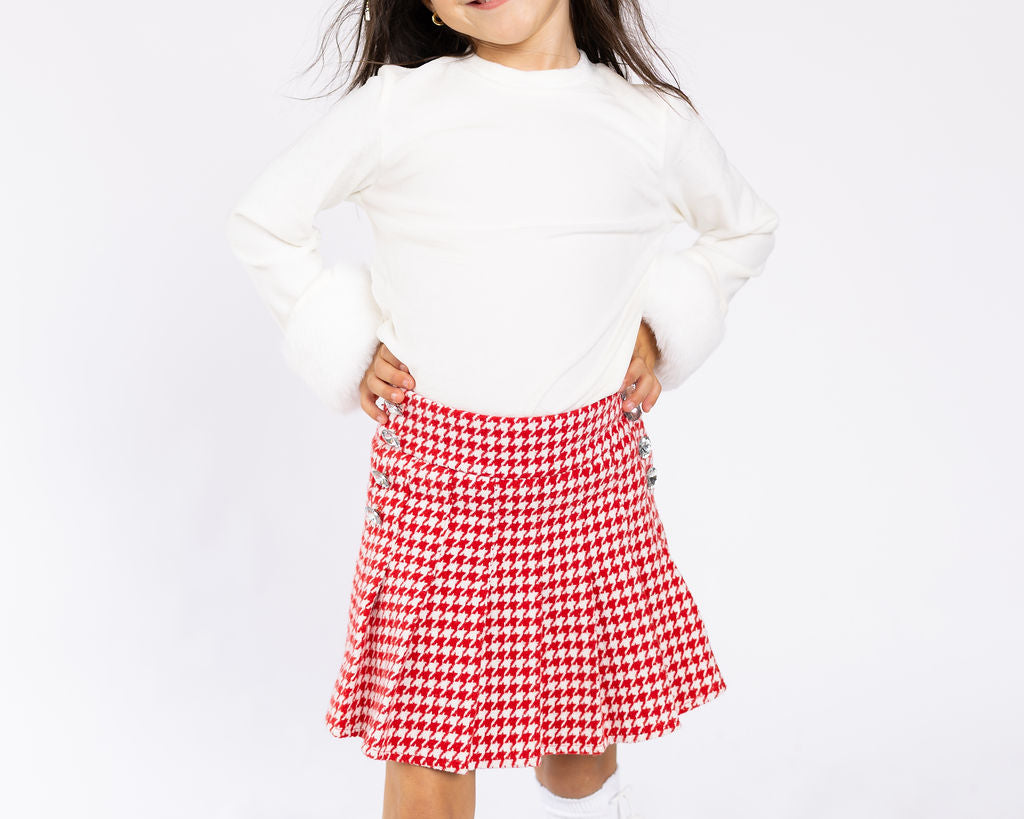 Red and White Houndstooth Pleat Skirt