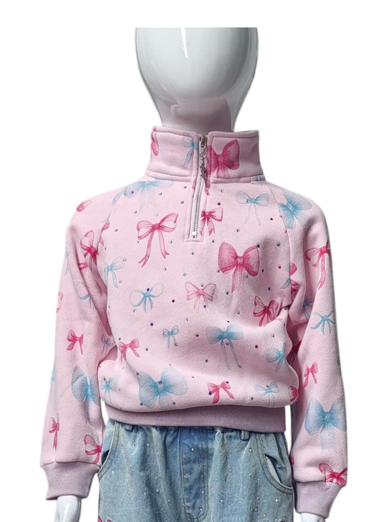 Bow Print 3/4 Zip Gem Stamped Crewneck
