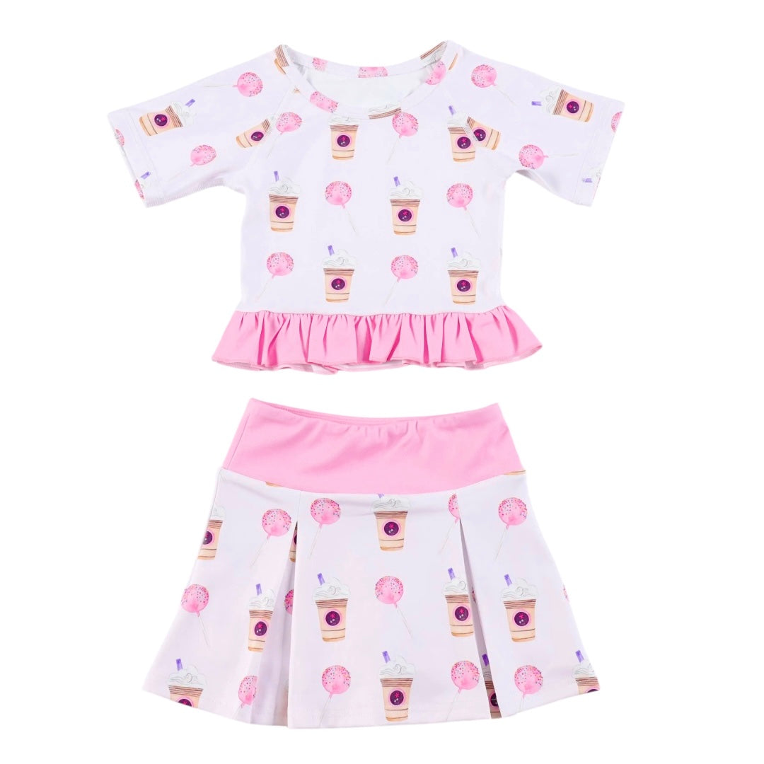 Latte and Cake Pop Print Skort and Top Athletic Set
