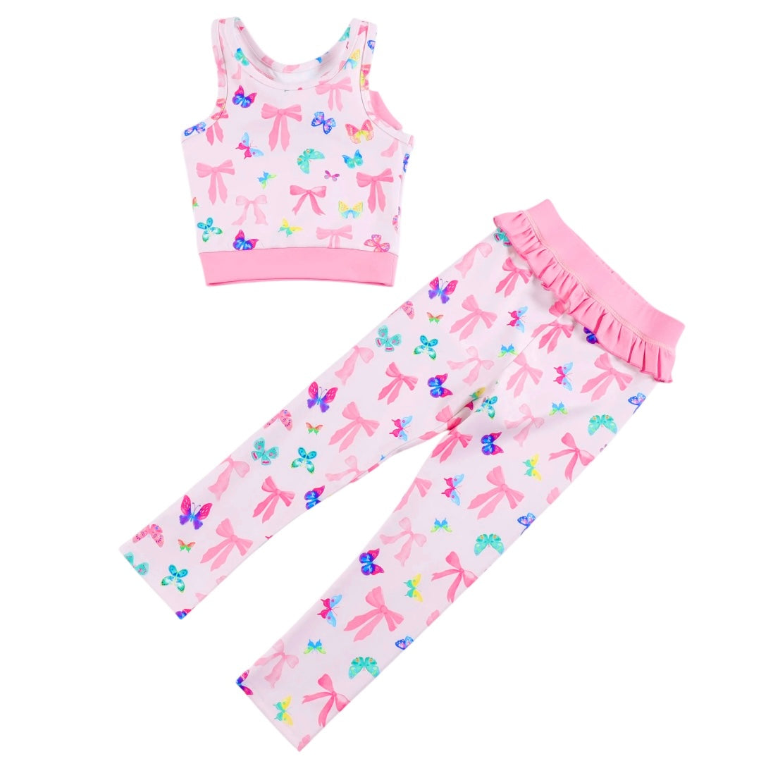 Bow and Butterfly Print Pant and Tank Athletic Set